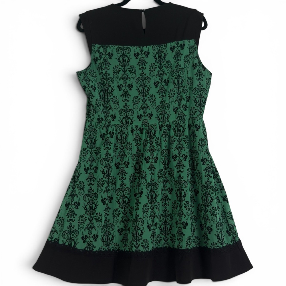 Esley Damask Green Velvet Print Fit and Flare Dress Womens Sleeveless Holiday
